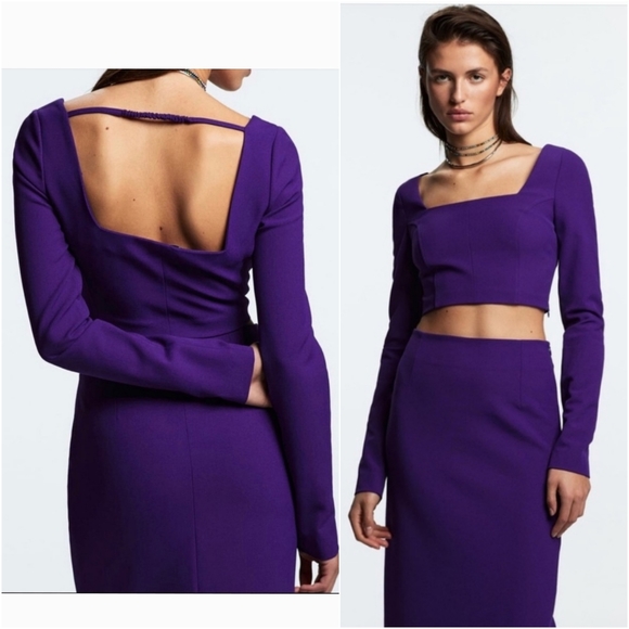 NEW! ZARA Long Sleeve Cropped Open Back Square Neck Bustier Style Top Purple - Picture 3 of 11